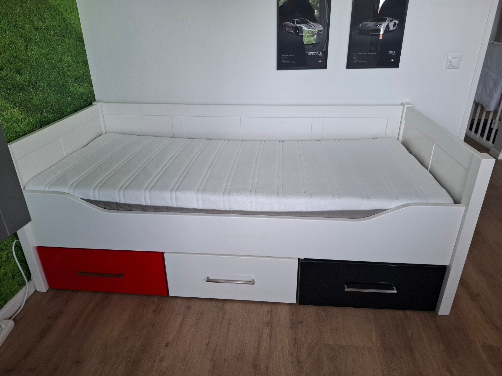 Bed 90x200 met lades, Ophalen, 90 cm, Eenpersoons, Wit