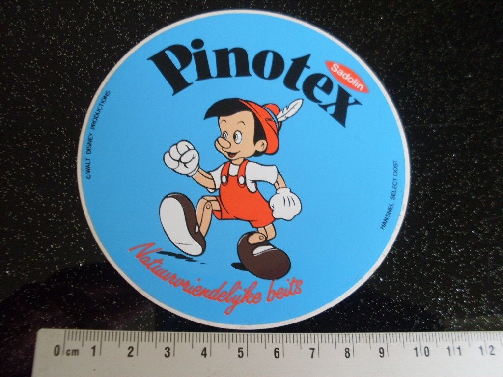 sticker Pinotex sadolin beits logo pinokkio walt disney, Verzenden, Zo goed als nieuw, Merk