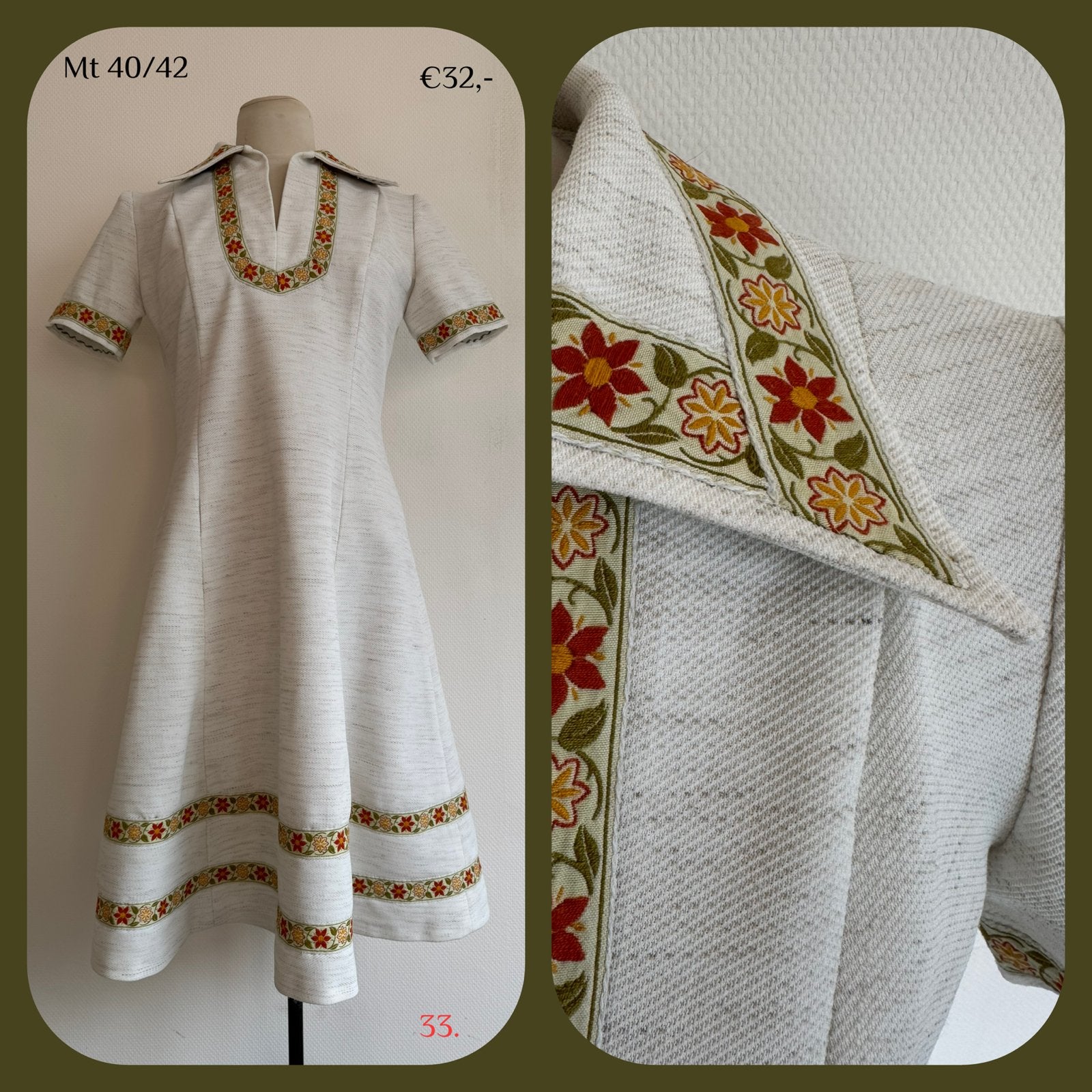 33. Vintage jurk mt 40/42, Wit, Vintage kleertjes, Maat 42/44 (L), Ophalen of Verzenden