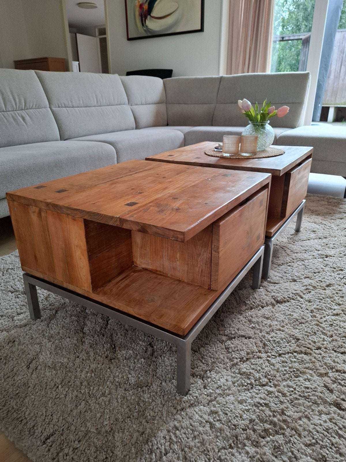 Salontafel 2 x Hout met lades, Ophalen, Gebruikt, 50 tot 100 cm, Vierkant