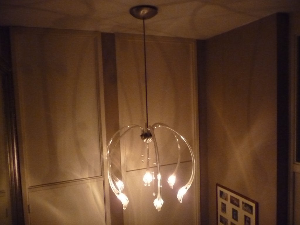 Exclusieve glazen hanglamp met 6 halogeen armen en kristal, Huis en Inrichting, Lampen | Hanglampen, Ophalen, Gebruikt, Modern, Exclusief