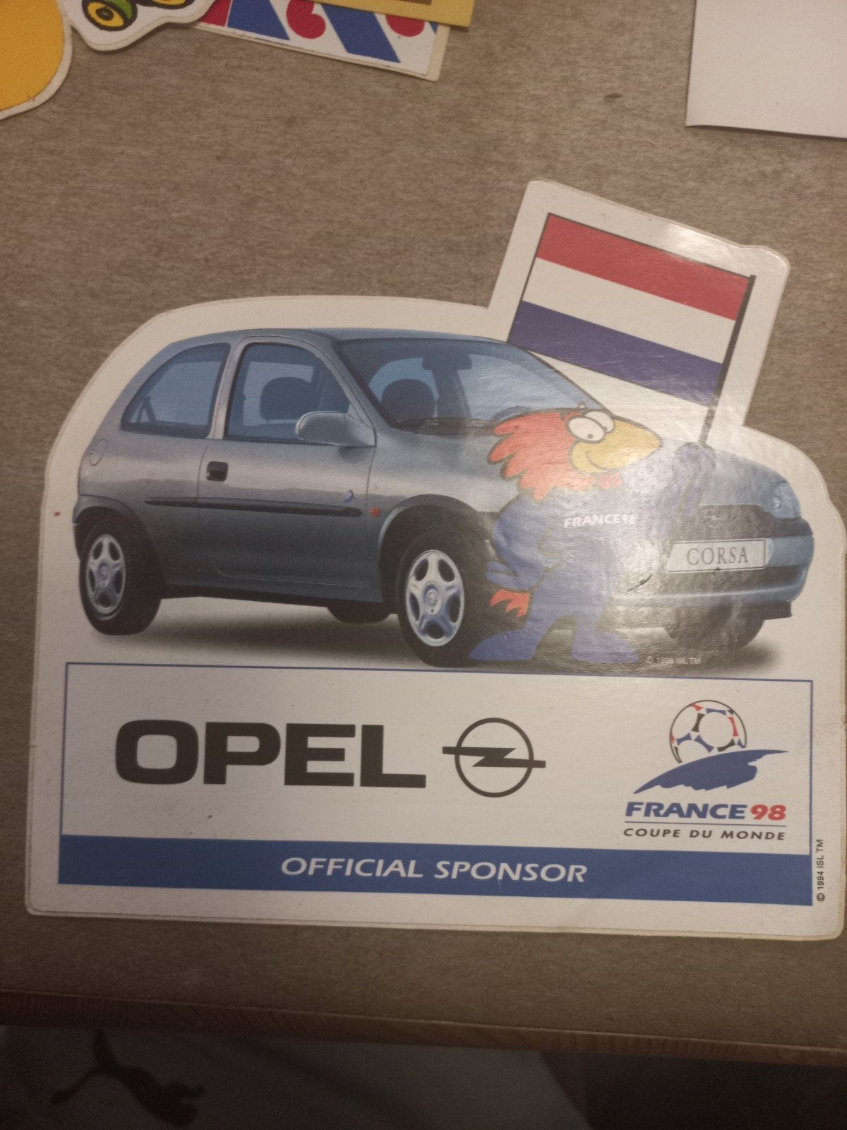 Opel Corsa Frankrijk '98 WK Voetbal Sticker, Ophalen of Verzenden, Gebruikt