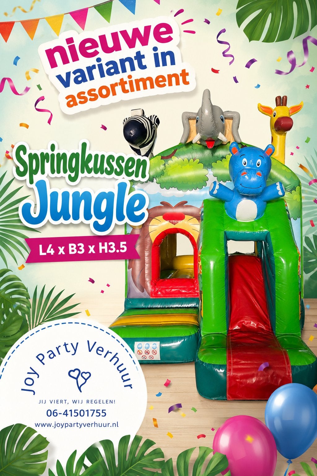 Springkussen Jungle te huur!!, Ophalen, Zo goed als nieuw, Overige