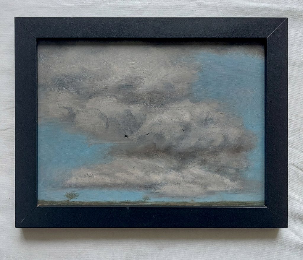 Landschap met Wolkenlucht en Vogels - Olieverf, Paneel, Realistisch, Ophalen of Verzenden, Gedateerd