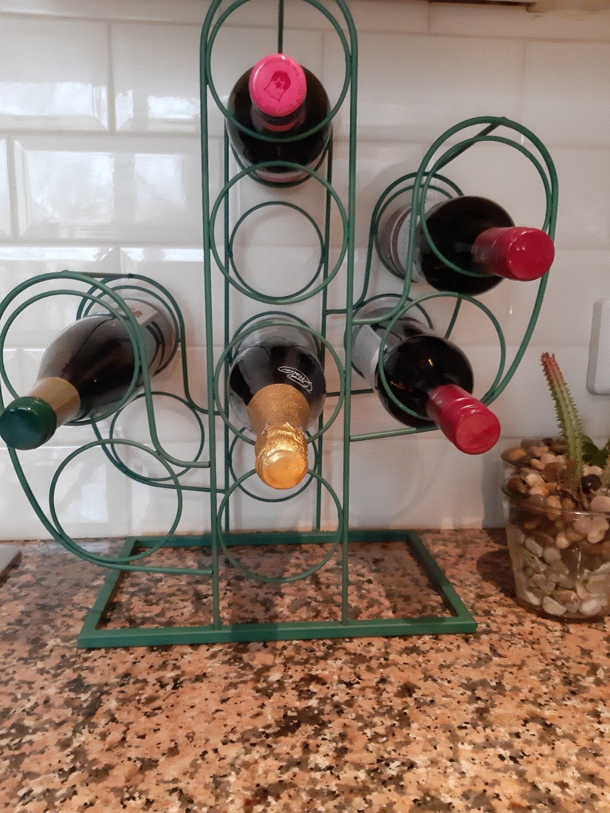 Groen metalen cactus wijnrek voor 6 flessen, Ophalen, Metaal