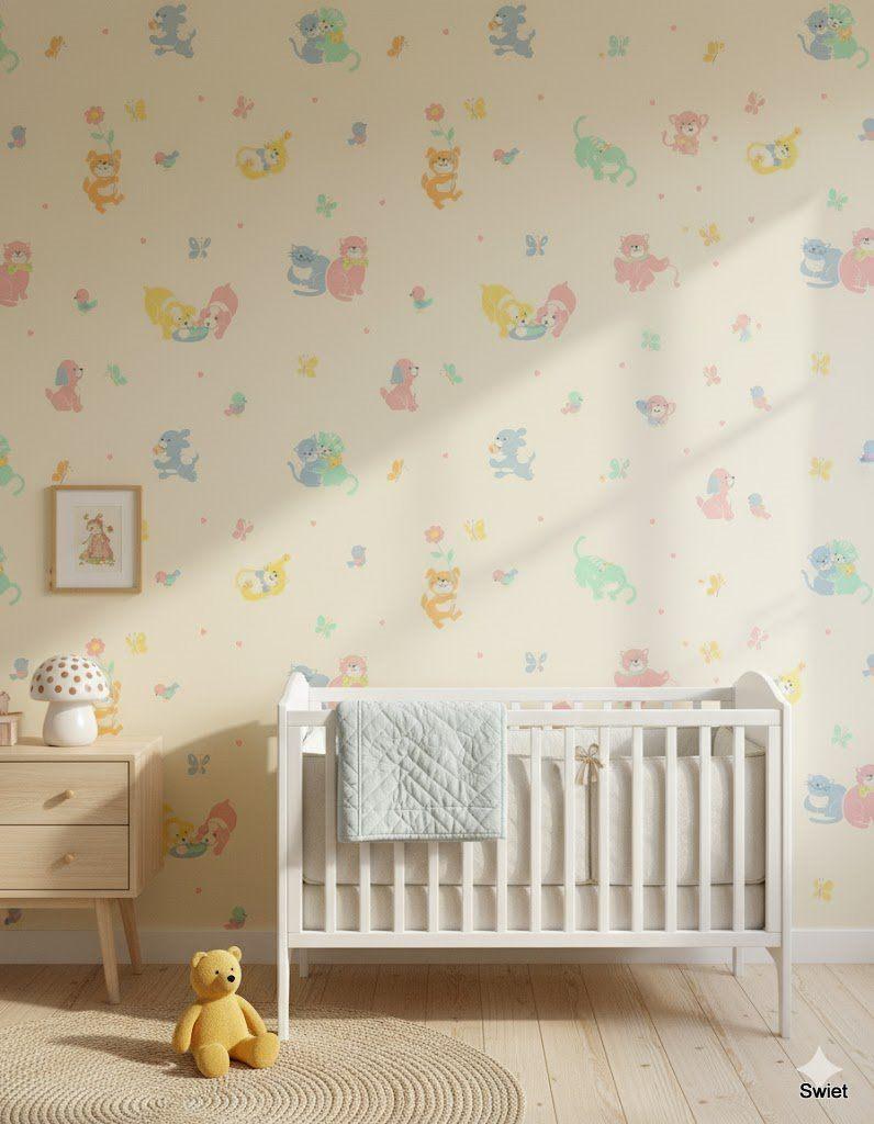 5546 Kinderbehang poesjes hondjes vlinders pastel wit swiet, Verzenden, 25 tot 50 m², Geel
