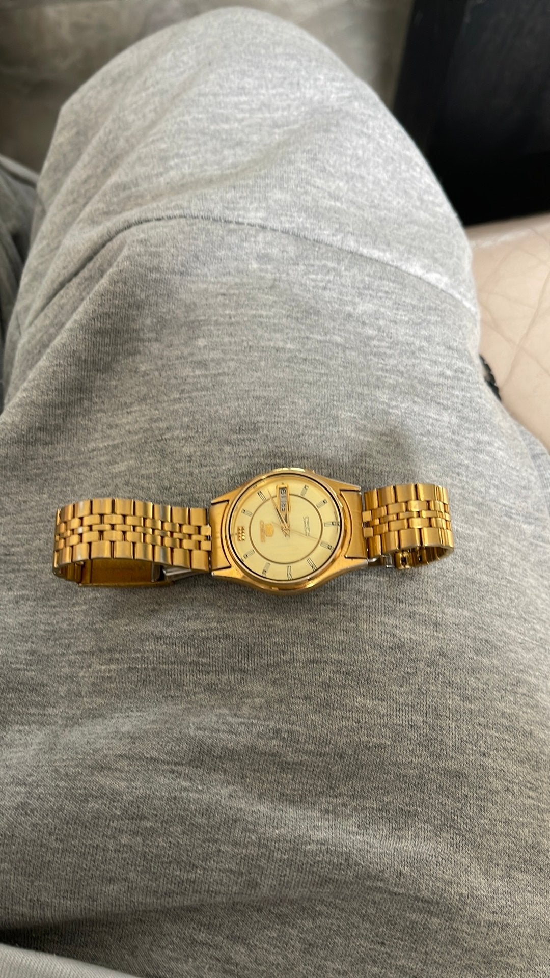 vintage Seiko 5 herenhorloge uitgevoerd in een gold tone, Seiko, Staal, Polshorloge, 1960 of later