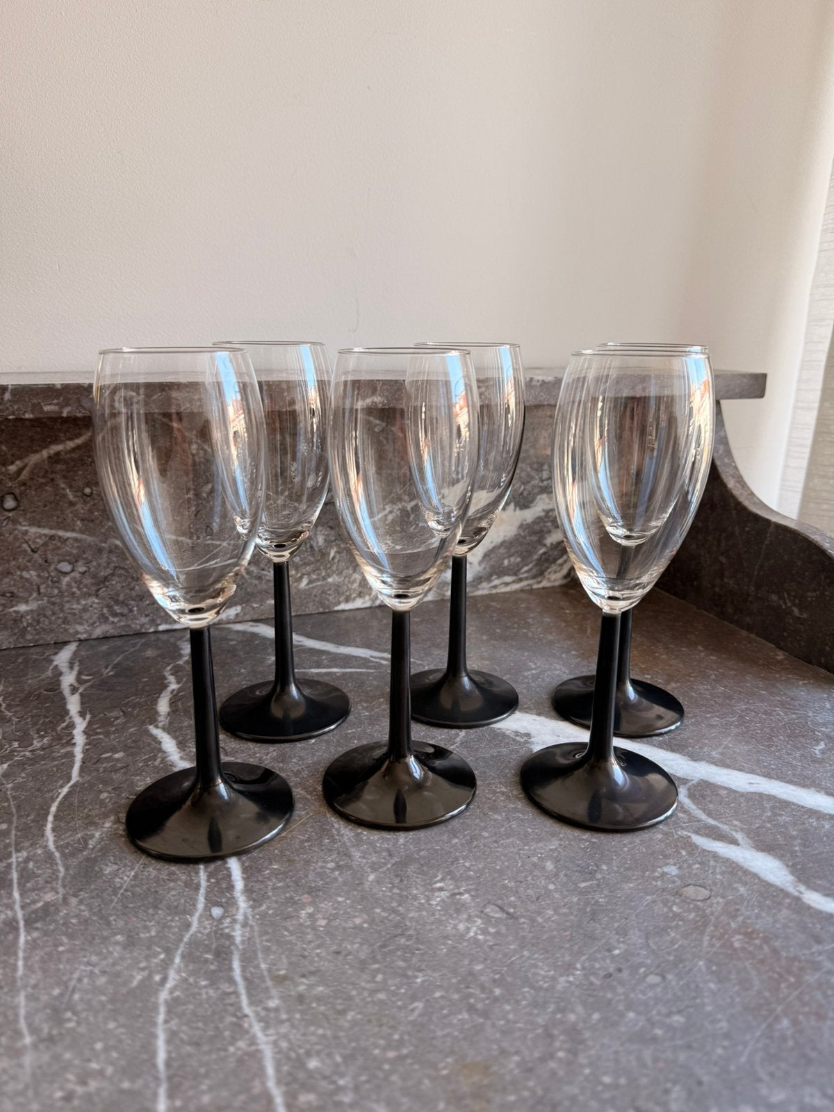 Vintage Luminarc champagne/wijn glazen | zwarte steel, Glas of Glazen, Gebruikt, Overige merken, Vintage