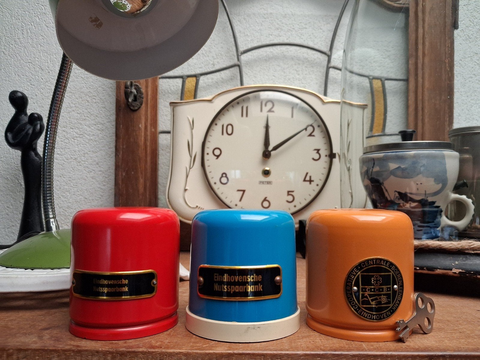 3 vintage oude spaarpotten met sleuteltje, Ophalen, Gebruikt, Metaal of Blik, Overige thema's
