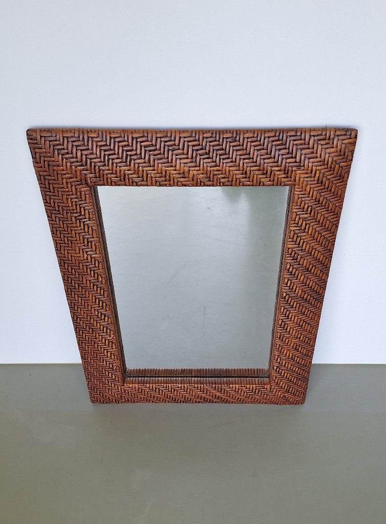 vintage retro wand-spiegel rattan wicker rechthoekige lijst, Minder dan 50 cm, Gebruikt, Ophalen of Verzenden, Minder dan 100 cm