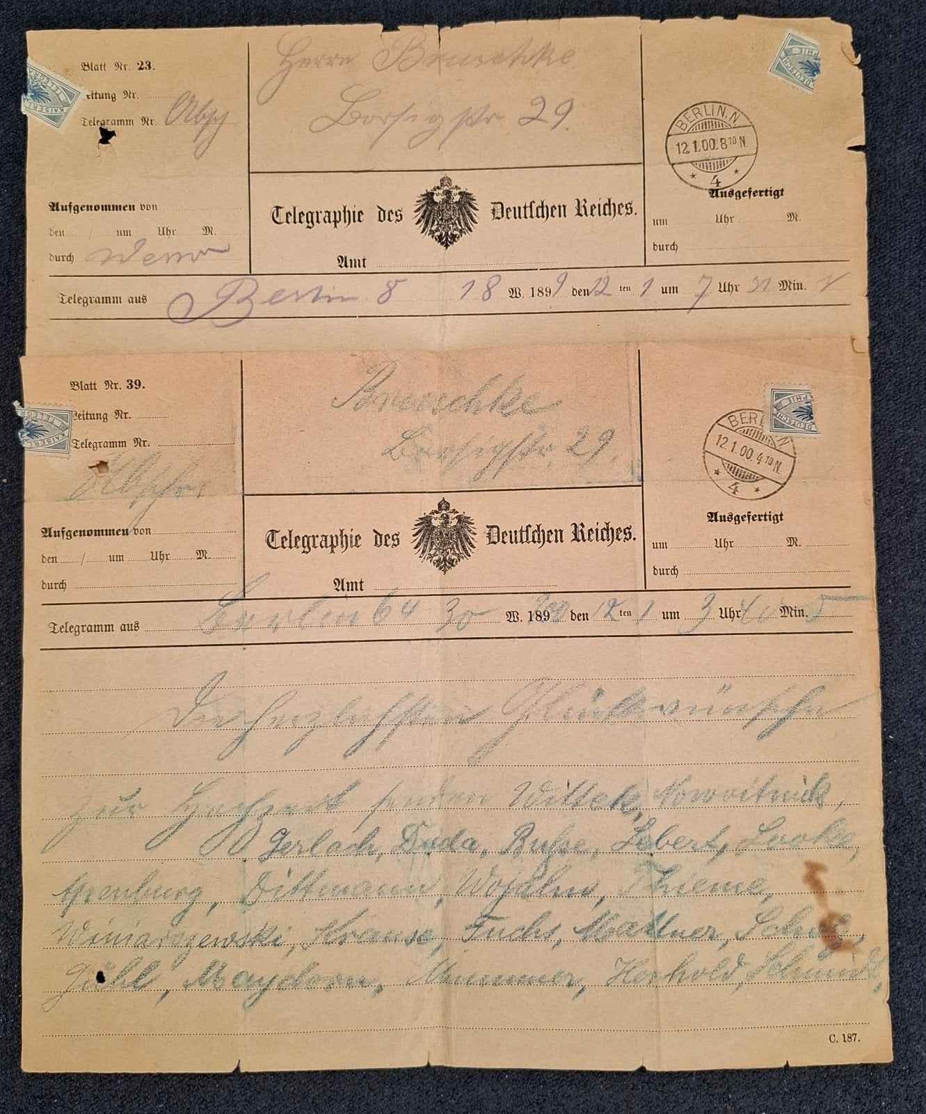 Twee telegrammen uit 1900, Duitse Rijk - felicitaties, Verzenden, Overige typen