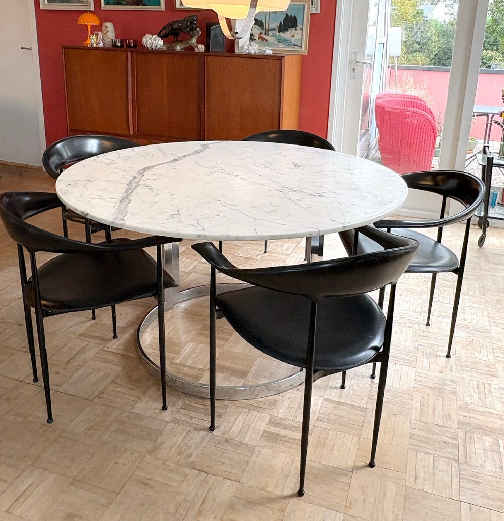 Vintage wit ronde marmeren design eettafel, 1980s, Ophalen, Rond, Vijf personen of meer, Metaal