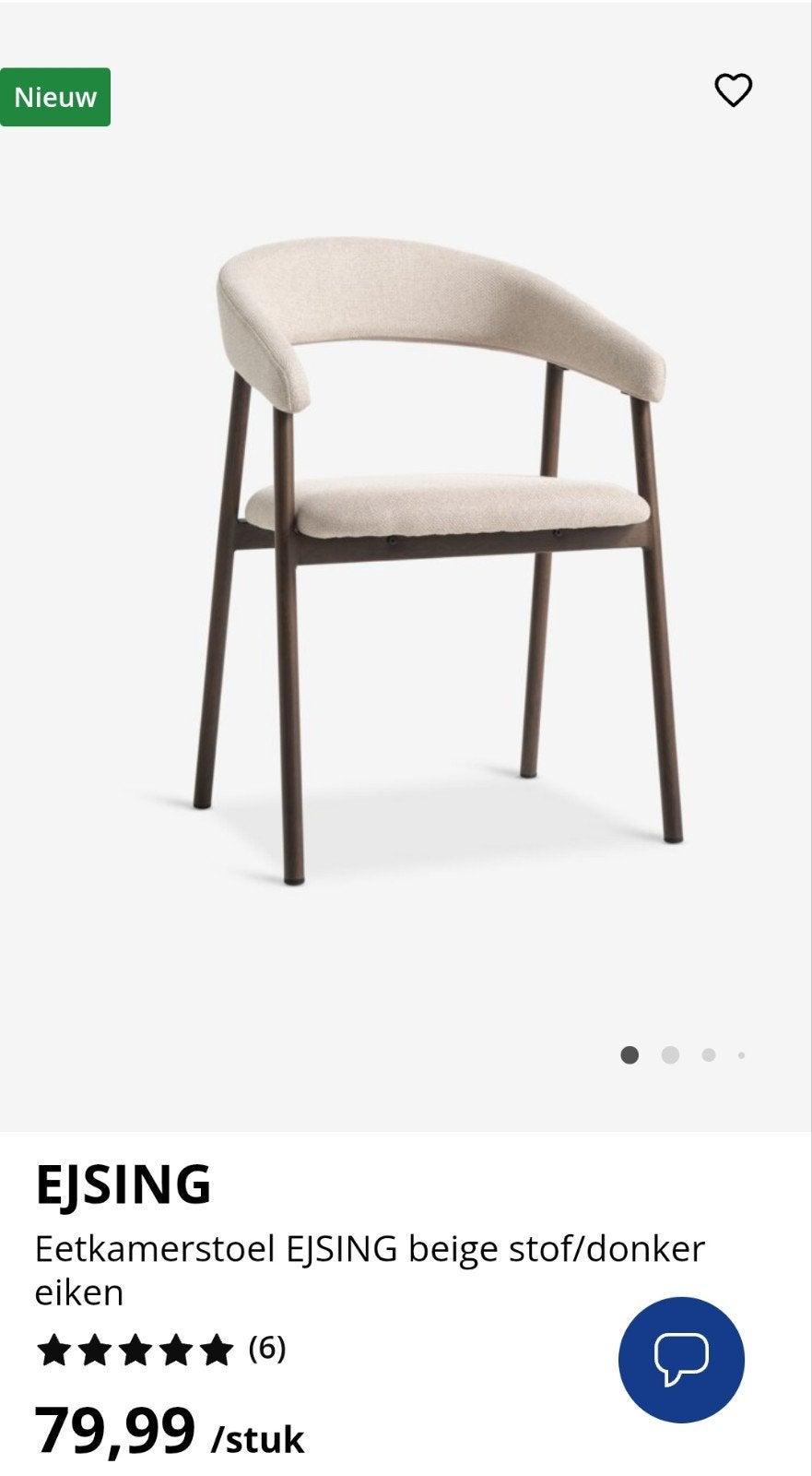 GEZOCHT: 4x stoel Jysk ejsing beige/donker eiken, Ophalen of Verzenden, Nieuw, Overige kleuren, Vier