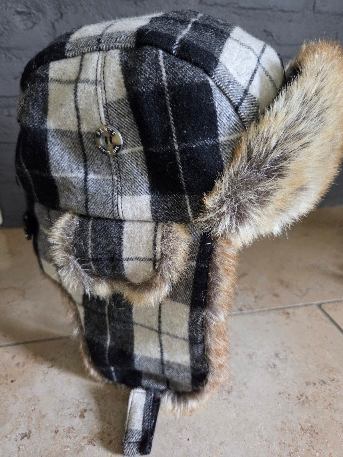 Barts Trapper Hat - Zwart/Wit Geruit met Bont, Hoed, Barts, Zo goed als nieuw, One size fits all