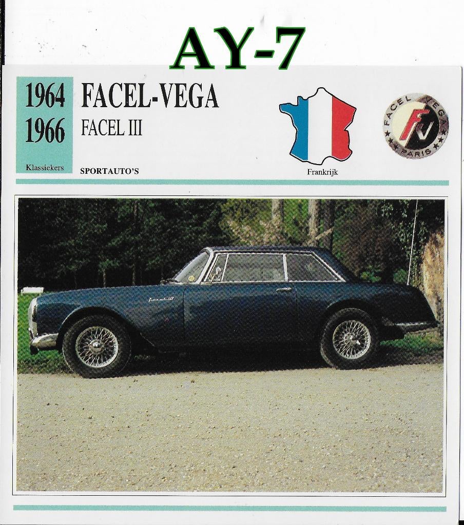 Ay7 autokaart facel vega face lll ( 1966 ), Ophalen of Verzenden, Auto's