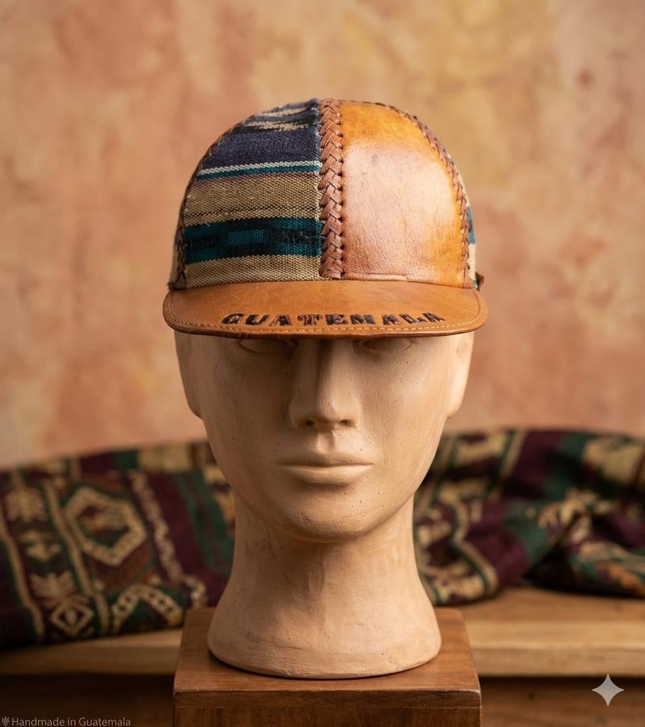 Guatemala leren pet handgemaakt Maya textiel vintage, Handmade in Guatemala, One size fits all, Ophalen of Verzenden, Pet