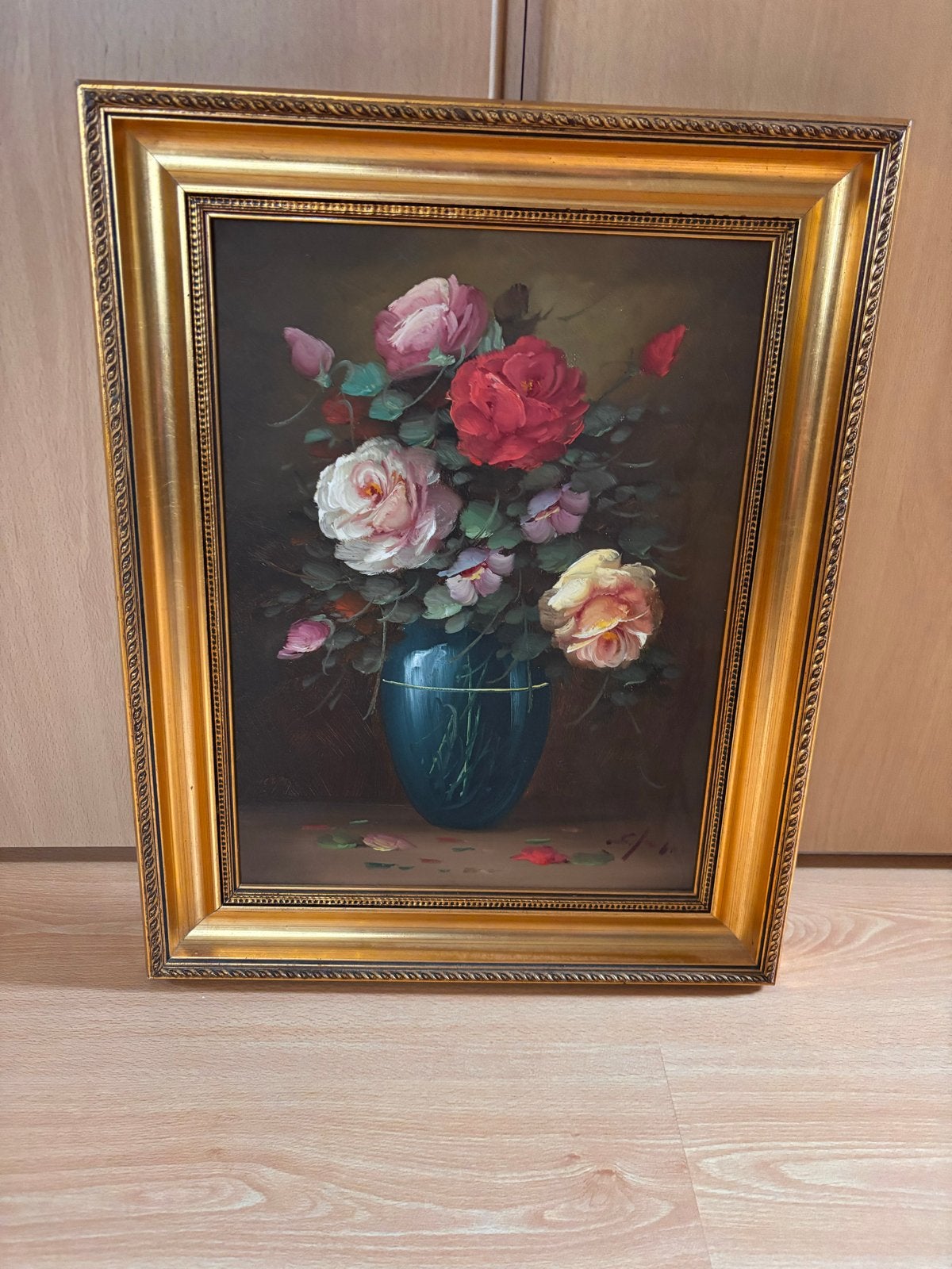 Prachtig stilleven met rozen in vaas, olieverf op doek, Antiek en Kunst, Doek, Stilleven, Ophalen of Verzenden, Gesigneerd