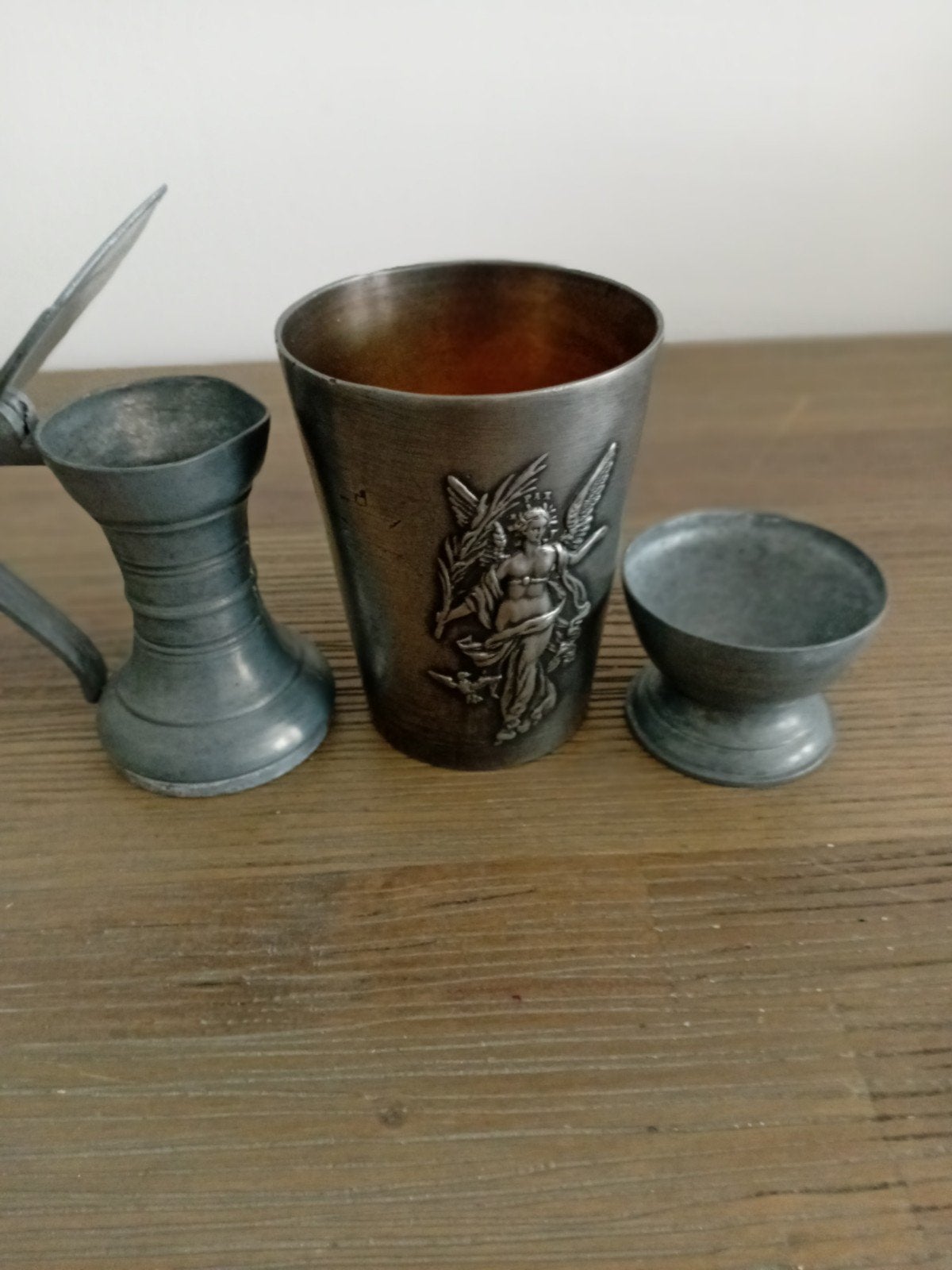Antieke tinnen bekers en vaasje - Decoratief set, Ophalen of Verzenden