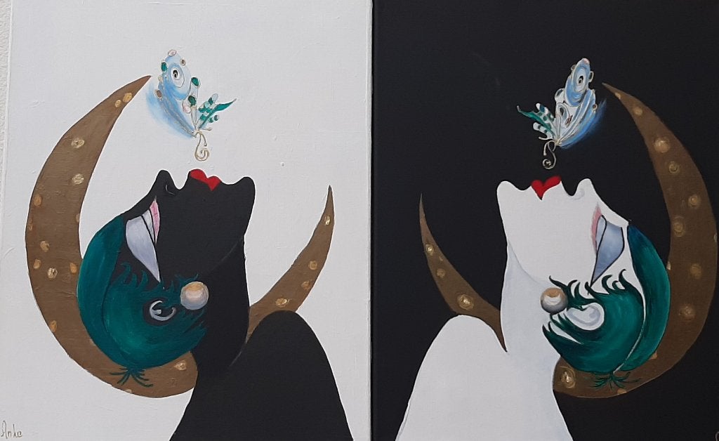 (Tweeluik) schilderij met titel "Vrouw blaast vlinder", 50 – 75, Oorspronkelijke maker, Nieuw, Ophalen of Verzenden