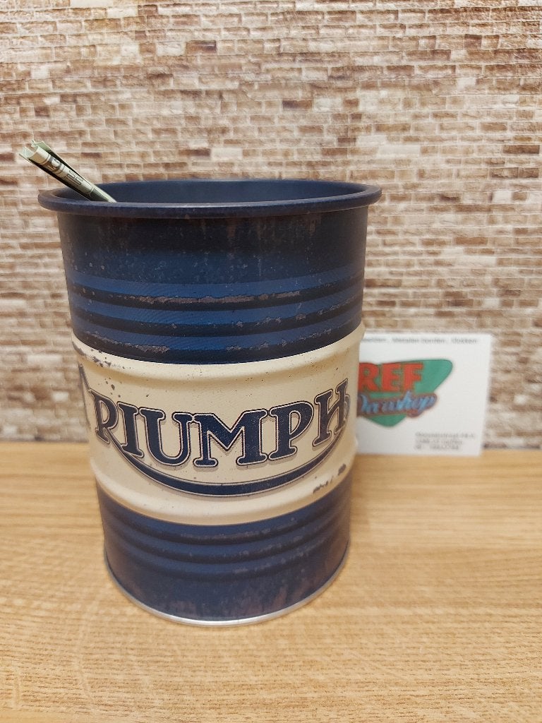 spaarpot vorm van olie drum triumph, inhoud 600 ml, licentie, Ophalen of Verzenden, Nieuw, Metaal of Blik, Vervoermiddel
