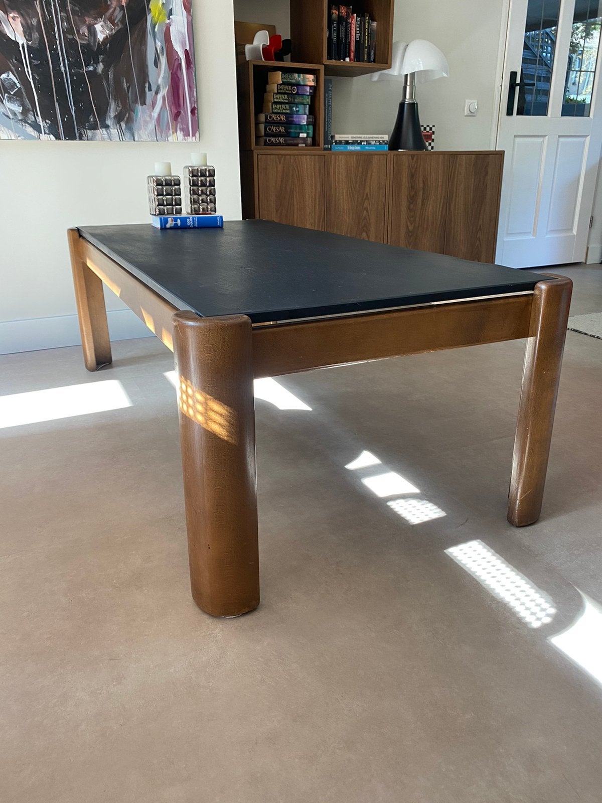 Vintage brutalist salontafel met leisteen | jaren 70, Ophalen, 100 tot 150 cm, 50 tot 100 cm, Zo goed als nieuw