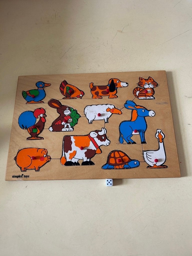 Houten vintage Simplex puzzel boerderij met noppen, Gebruikt, Niet beschikbaar, Ophalen of Verzenden, Simplex Toys (geproduceerd in Aalst, Nederland)