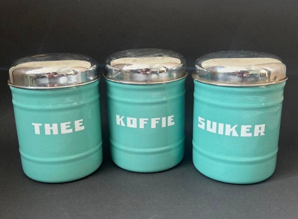 Mint Groene Koffie, Thee & Suiker Voorraadbussen, Antiek en Kunst, Antiek | Emaille, Ophalen of Verzenden