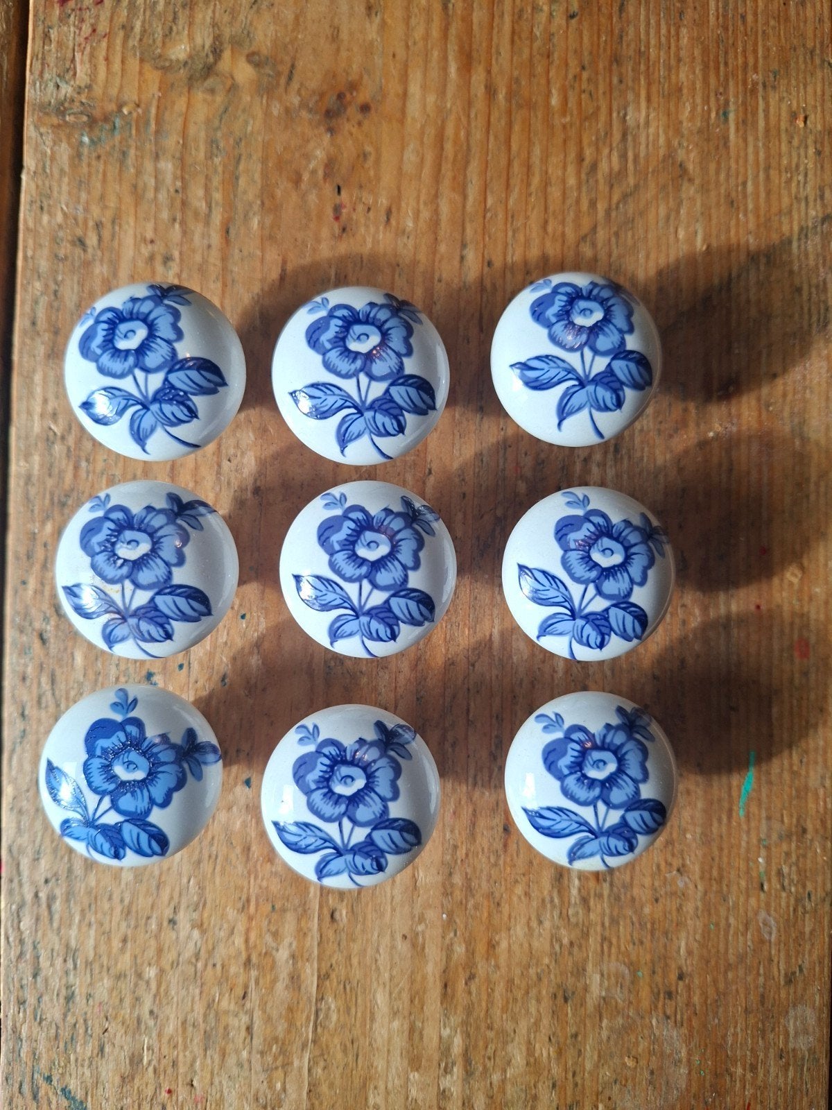 9x Vintage Porseleinen Kastknoppen - Blauw Bloemenpatroon, Ophalen of Verzenden