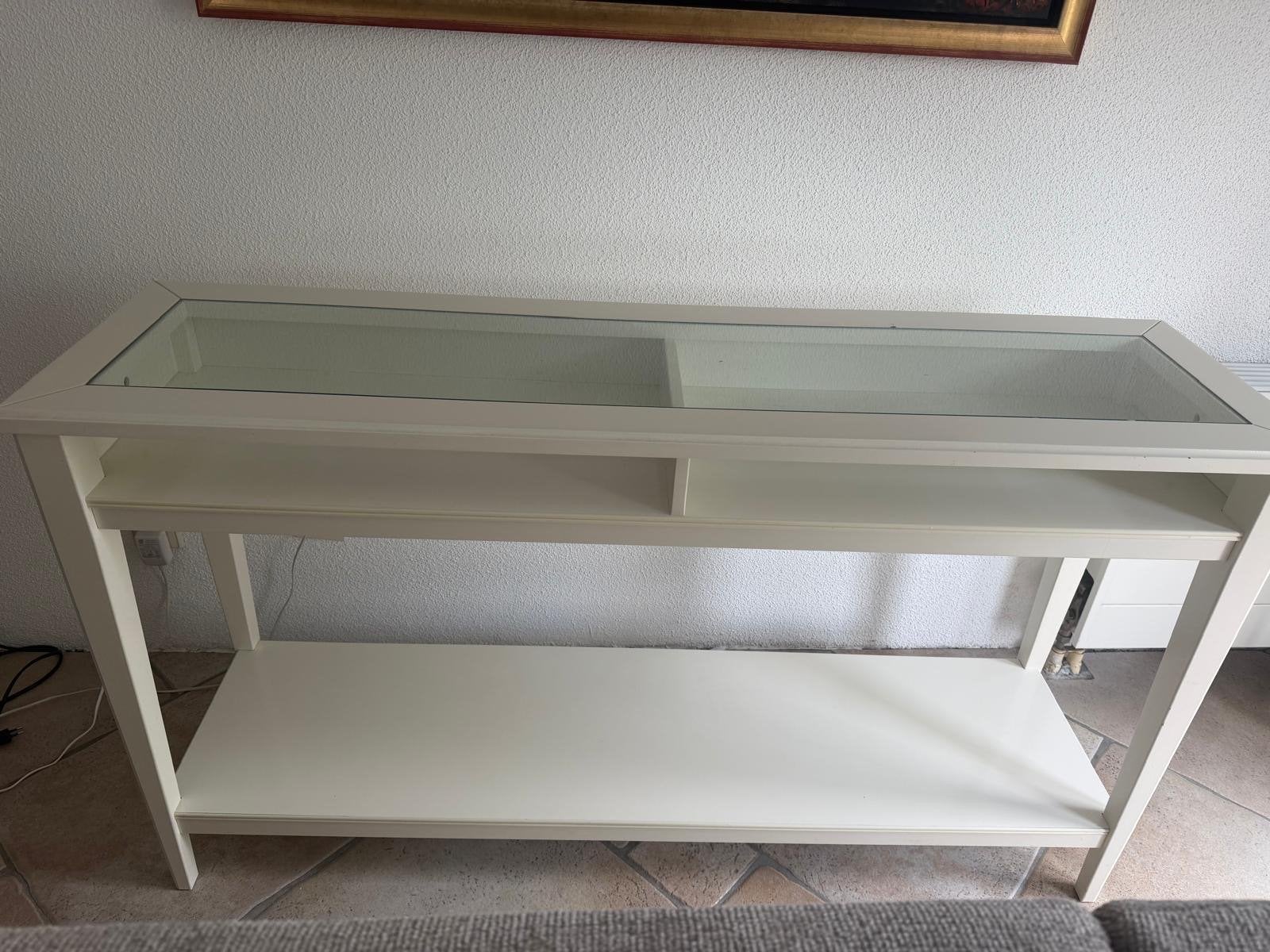 Witte console tafel met glazen blad en opbergruimte, Ophalen, Gebruikt, 100 tot 150 cm, Overige houtsoorten