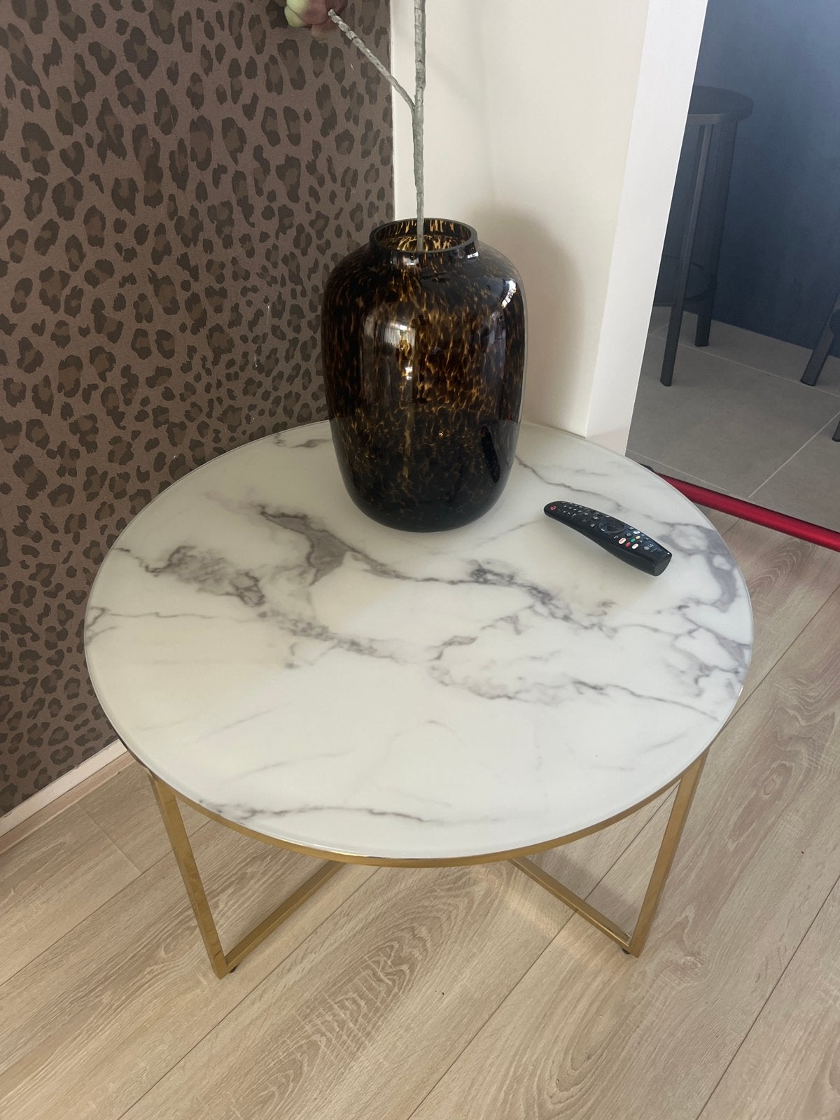 Salontafel marmerlook glas met goudkleurig onderstel, Ophalen, Rond, 50 tot 100 cm, Glas