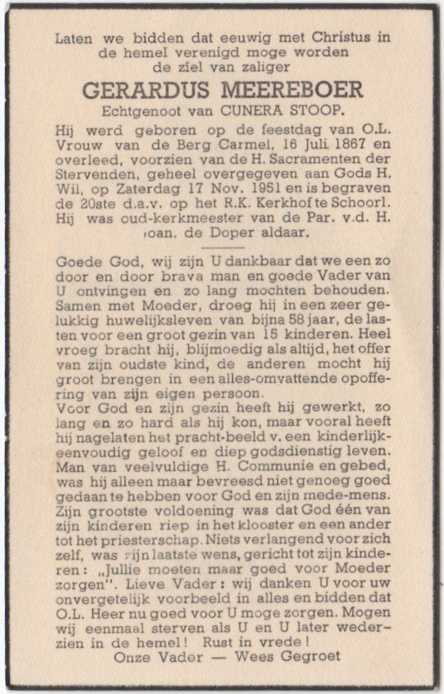 Gerardus Meereboer 1867 Haringkarspel + 1951 Schoorl, 84 jr, Ophalen of Verzenden