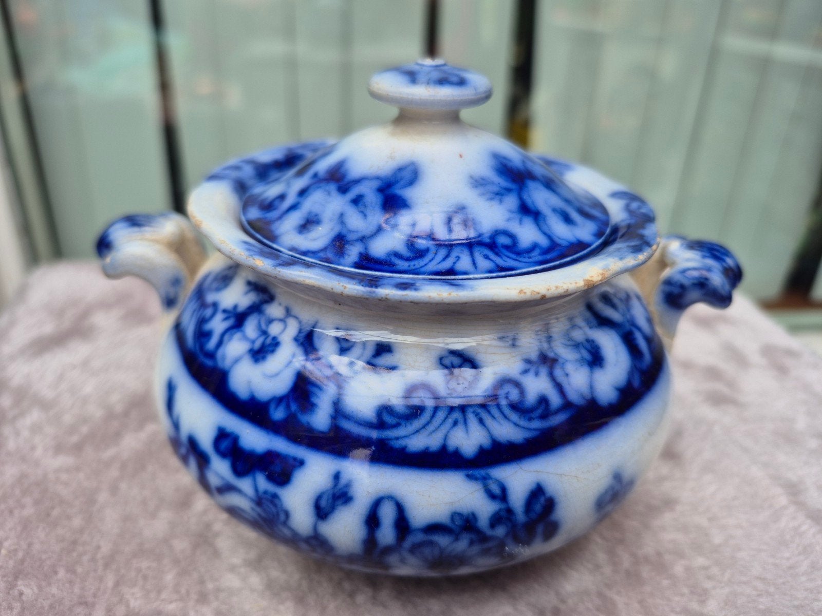 Antieke "Flow Blue" Suikerpot - Hackwood (ca. 1840-1855), Antiek en Kunst, Ophalen of Verzenden