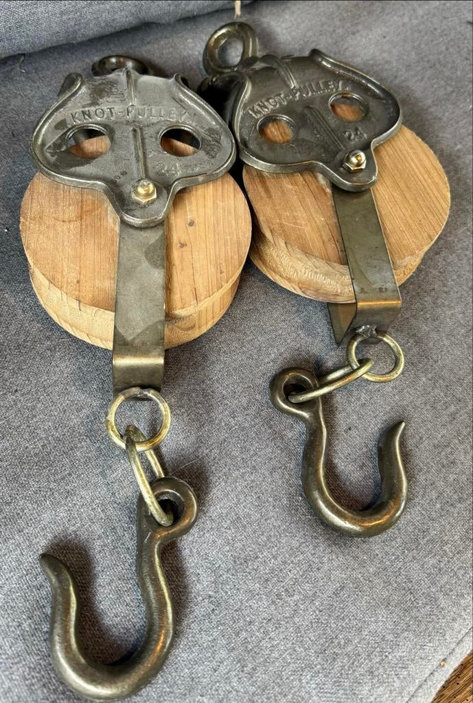 Set van 2 antieke Knot-Pulley katrollen met haken, Ophalen of Verzenden