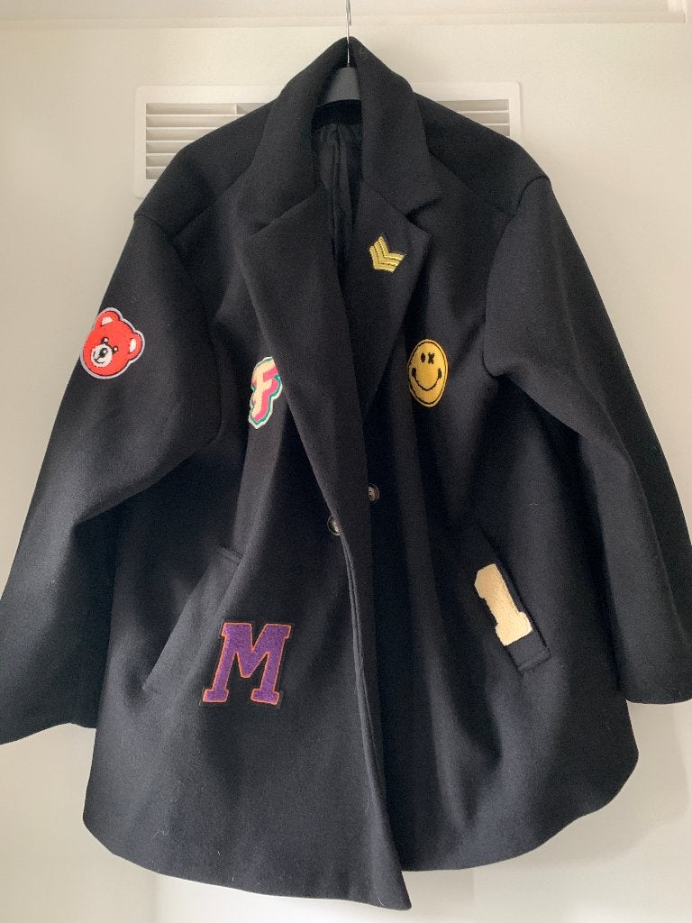 Zwarte Vintage Italaanse jas met patches - Oversized, Maat 38/40 (M), Zwart, Ophalen of Verzenden, Zo goed als nieuw