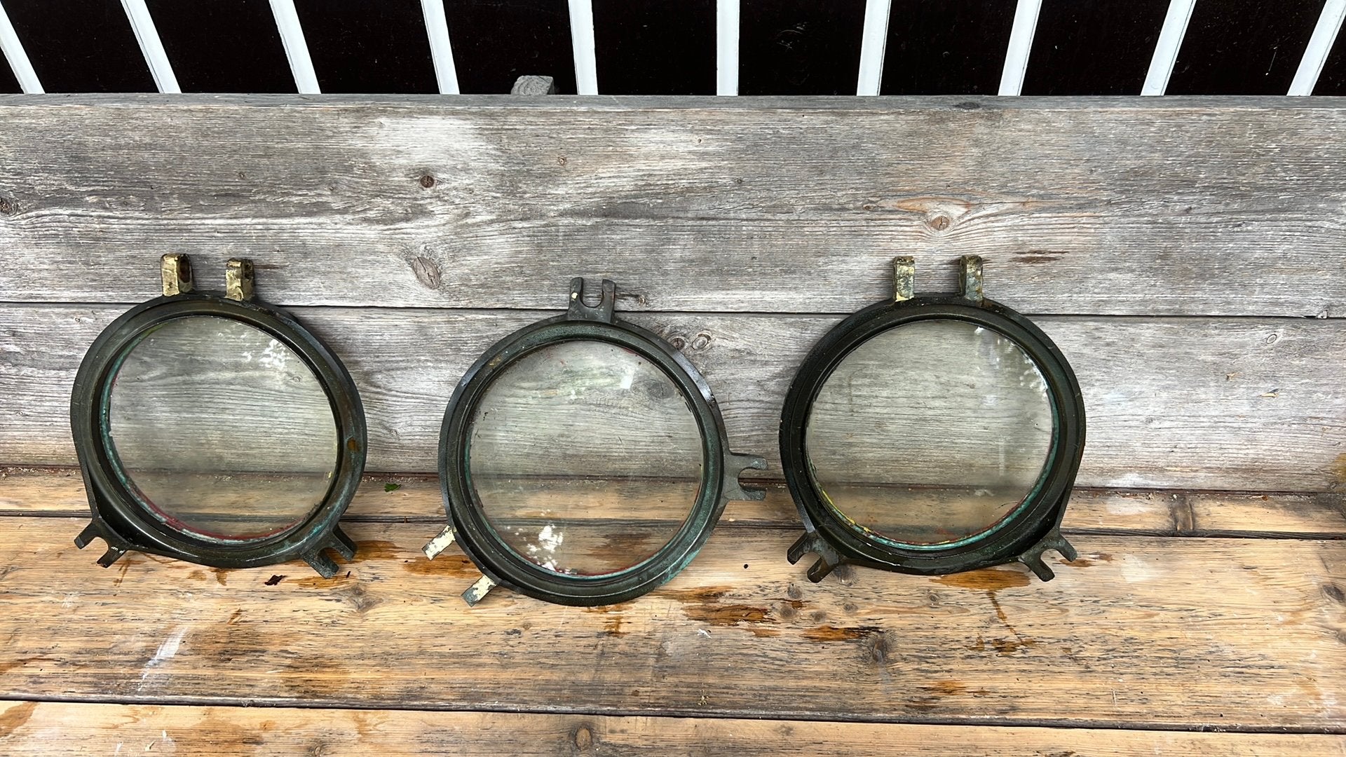 Set van 3 antieke bronzen patrijspoorten met hardglas, Ophalen of Verzenden