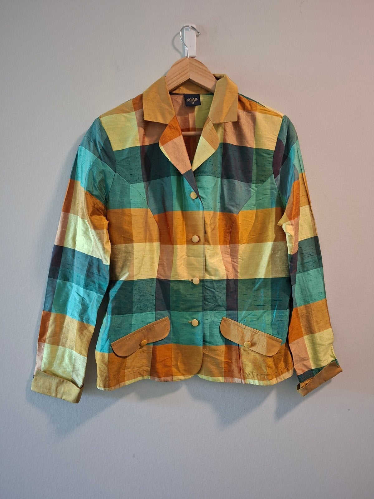 Kriss Sweden Zijden Geruite Blazer - Zomerse Kleuren Maat M, Maat 38/40 (M), Overige kleuren, Ophalen of Verzenden, Zo goed als nieuw