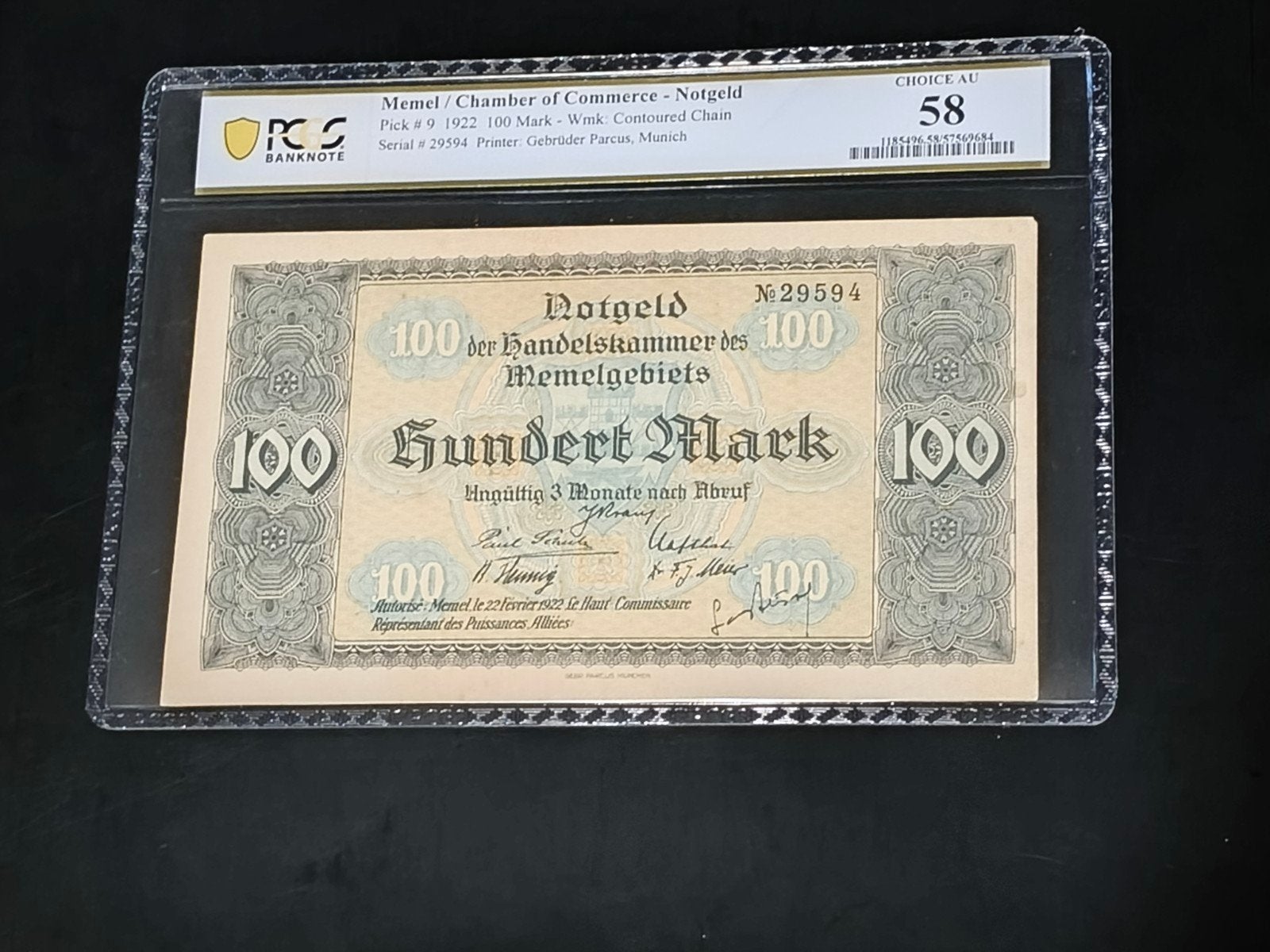 Memel 100 mark 1922 PCGS58, Ophalen of Verzenden, Duitsland