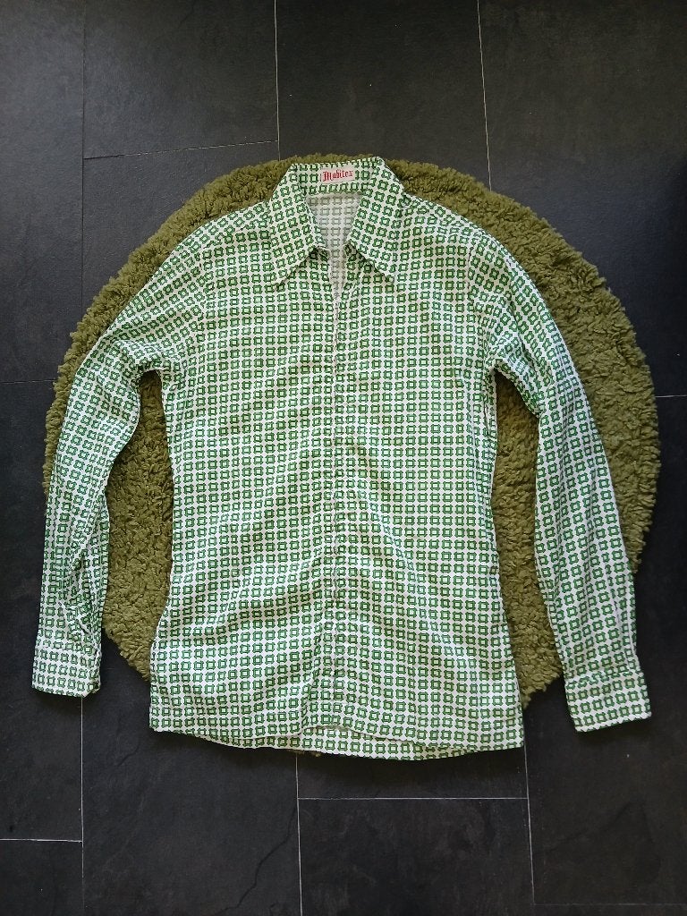 Vintage jaren 70 wit en groene print blouse / vest met rits, Kleding | Dames, Maat 38/40 (M), Verzenden, Wit, Zo goed als nieuw