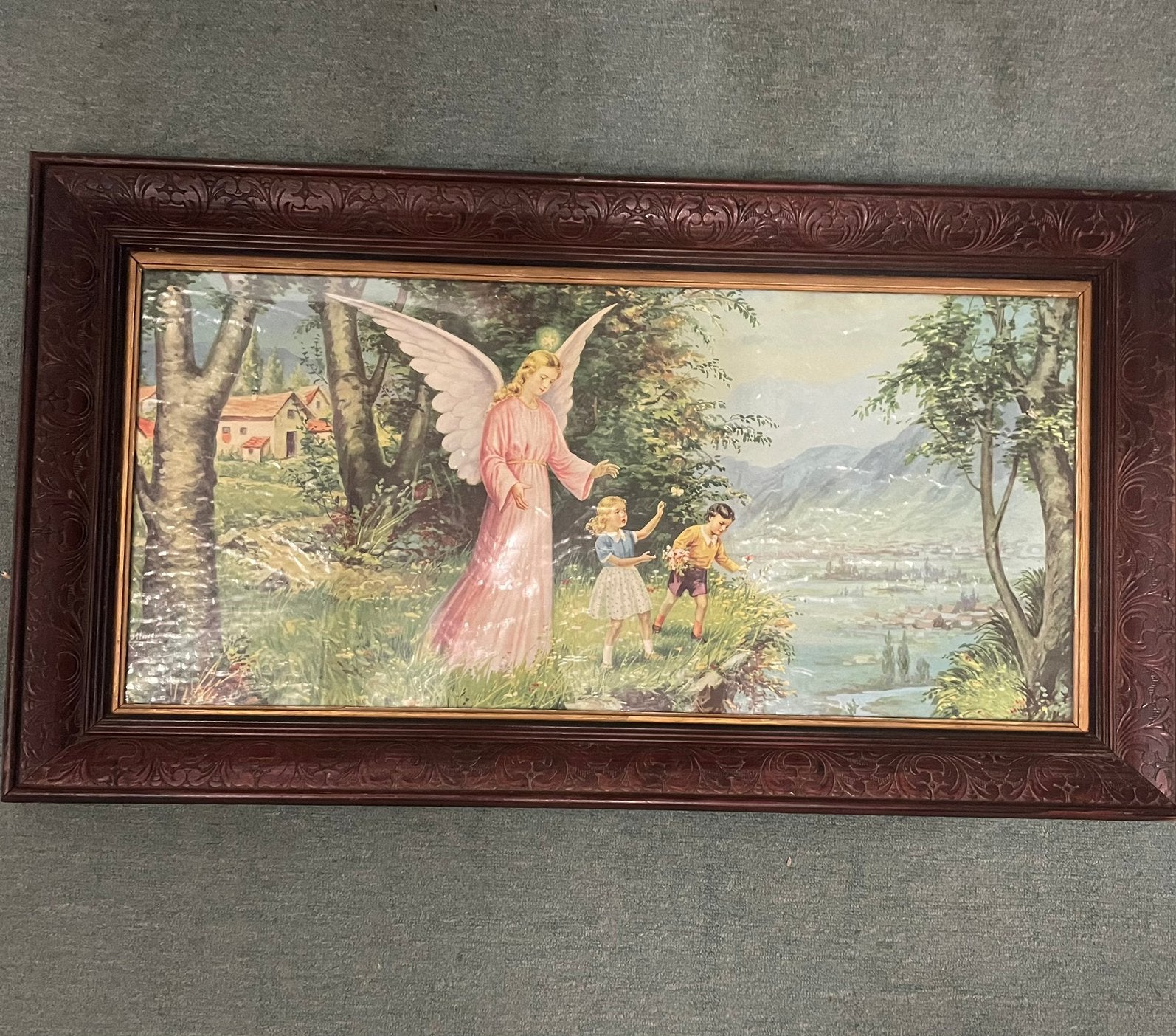 Groot schilderij met beschermengel, Antiek en Kunst, Ophalen of Verzenden