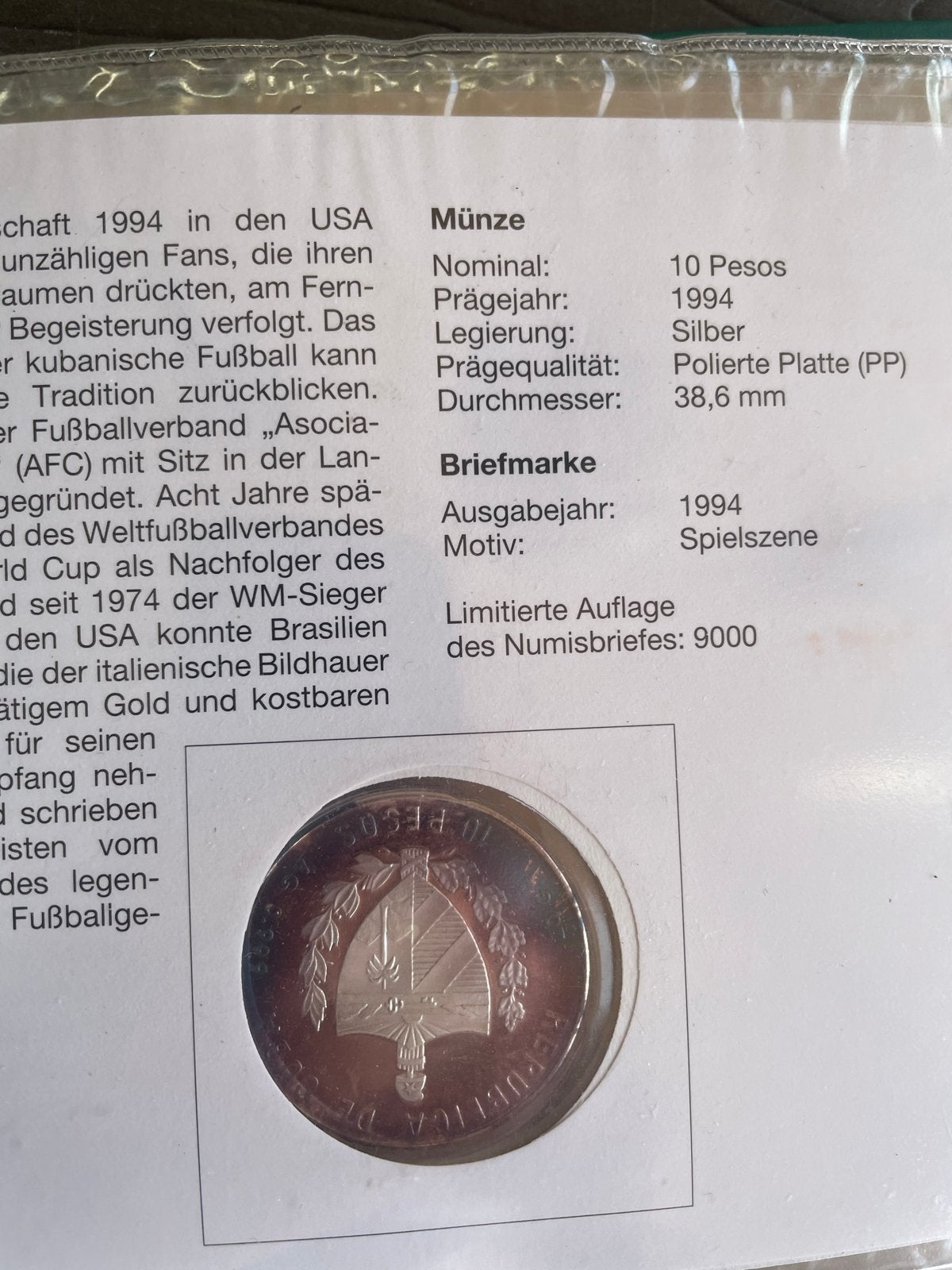 Cuba 1994 WK Voetbal Zilveren Munt en Postzegel Set, Postzegels en Munten, Ophalen of Verzenden, Overige typen