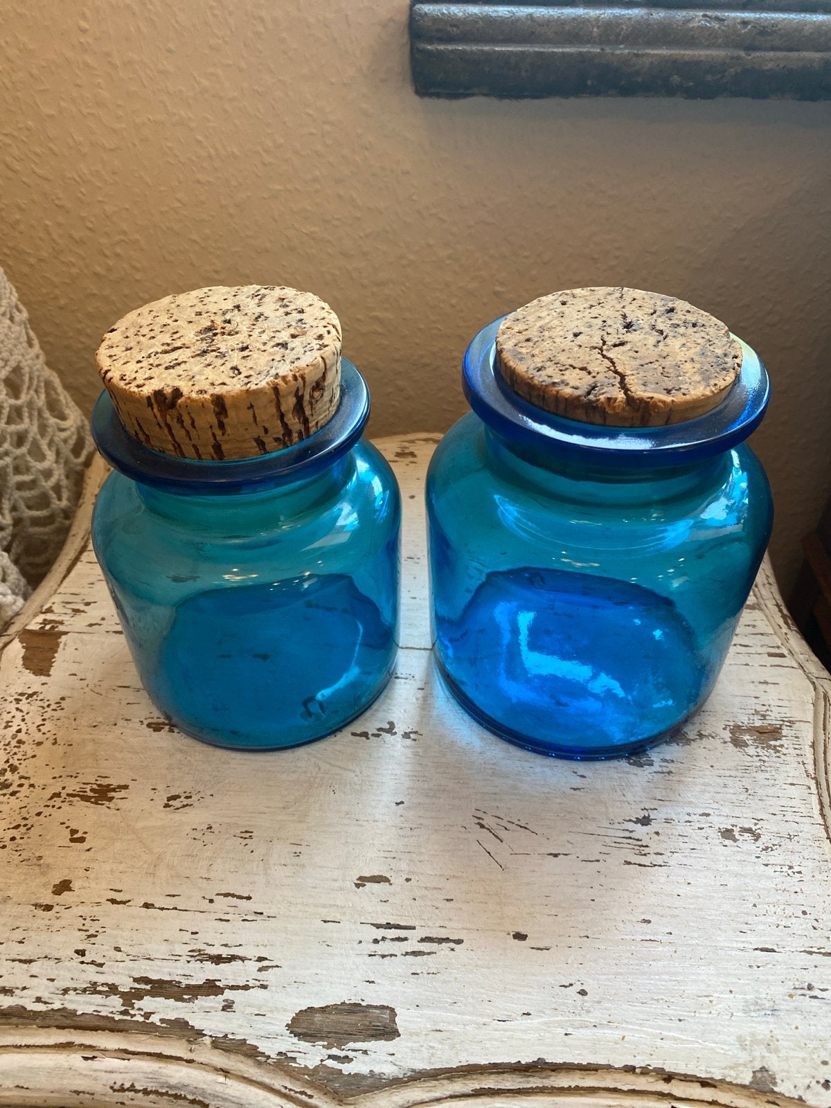 Set van 2 blauwe glazen apothekers potten met kurken deksel, Ophalen of Verzenden