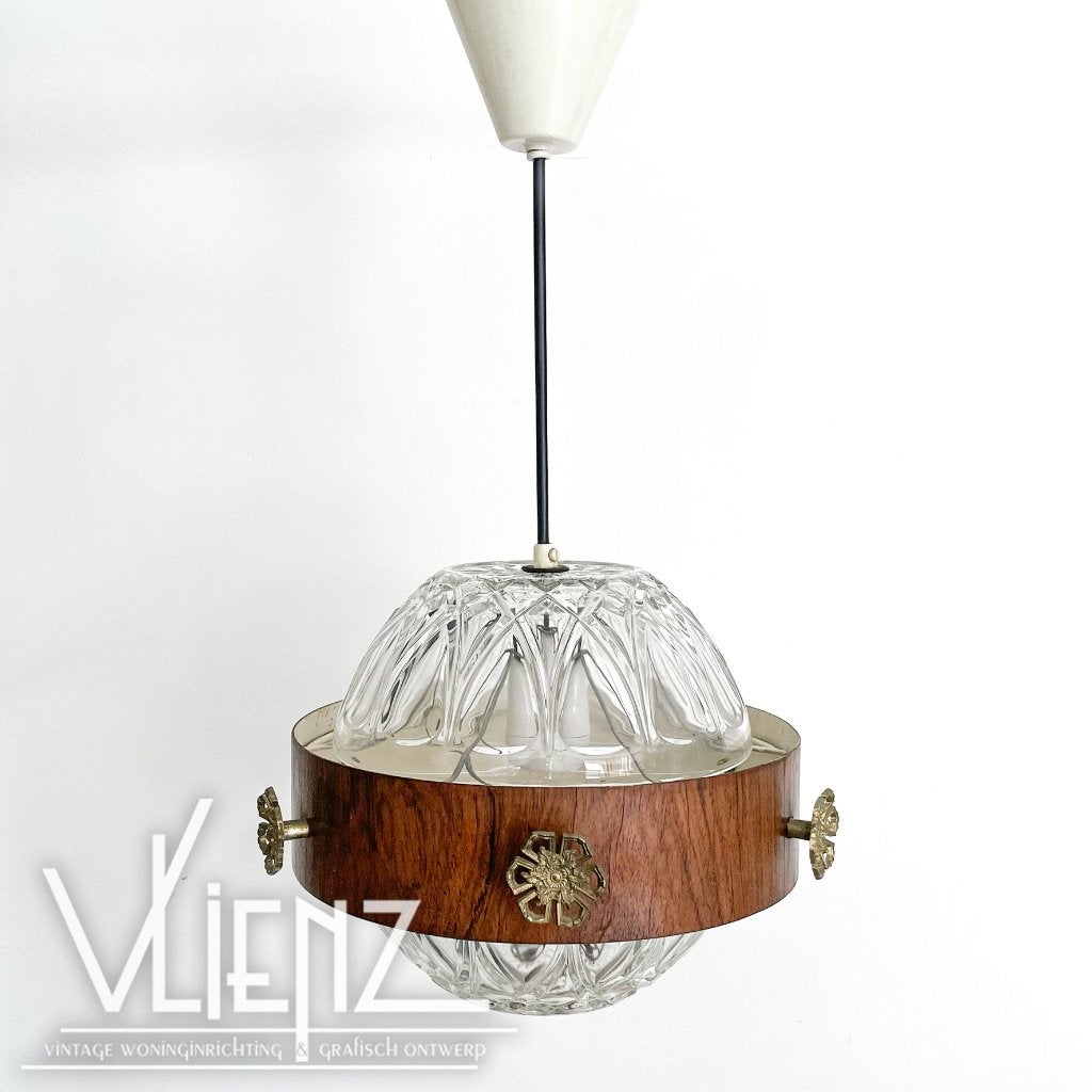 Vintage, midcentury hanglamp bollamp glas, metaal houtlook, Ophalen, Huis en Inrichting