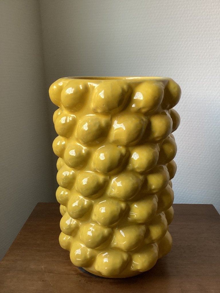 Grote gele citroenvaas keramieken vaas reliëf citroenen, 26 cm, Met patroon/structuur, Geel, Ophalen of Verzenden