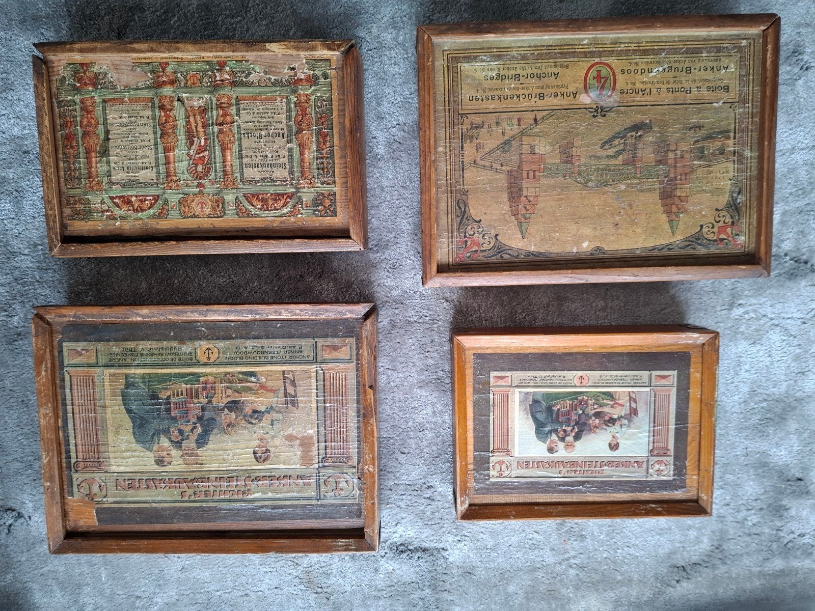 Vier antieke Anker Steenbouwkistjes: Nr. 2A, 4, 4A, 4A Klein, Ophalen of Verzenden