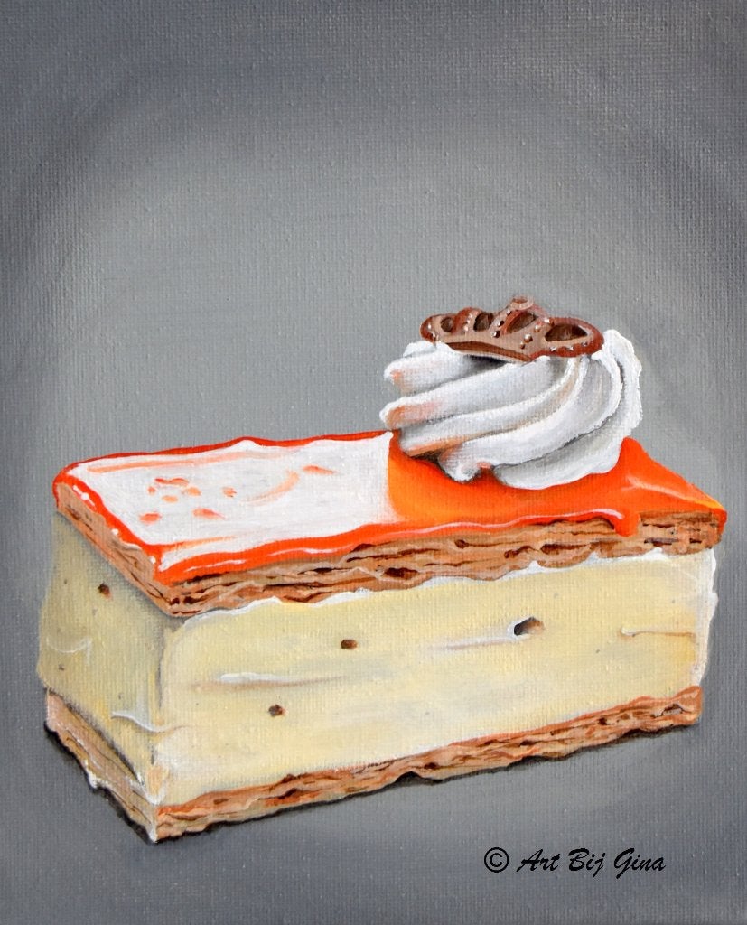Oranje boven...heerlijke Tompouce geschilderd op doek, Ophalen of Verzenden, Gelimiteerde oplage, Acrylverf, Overig onderwerp