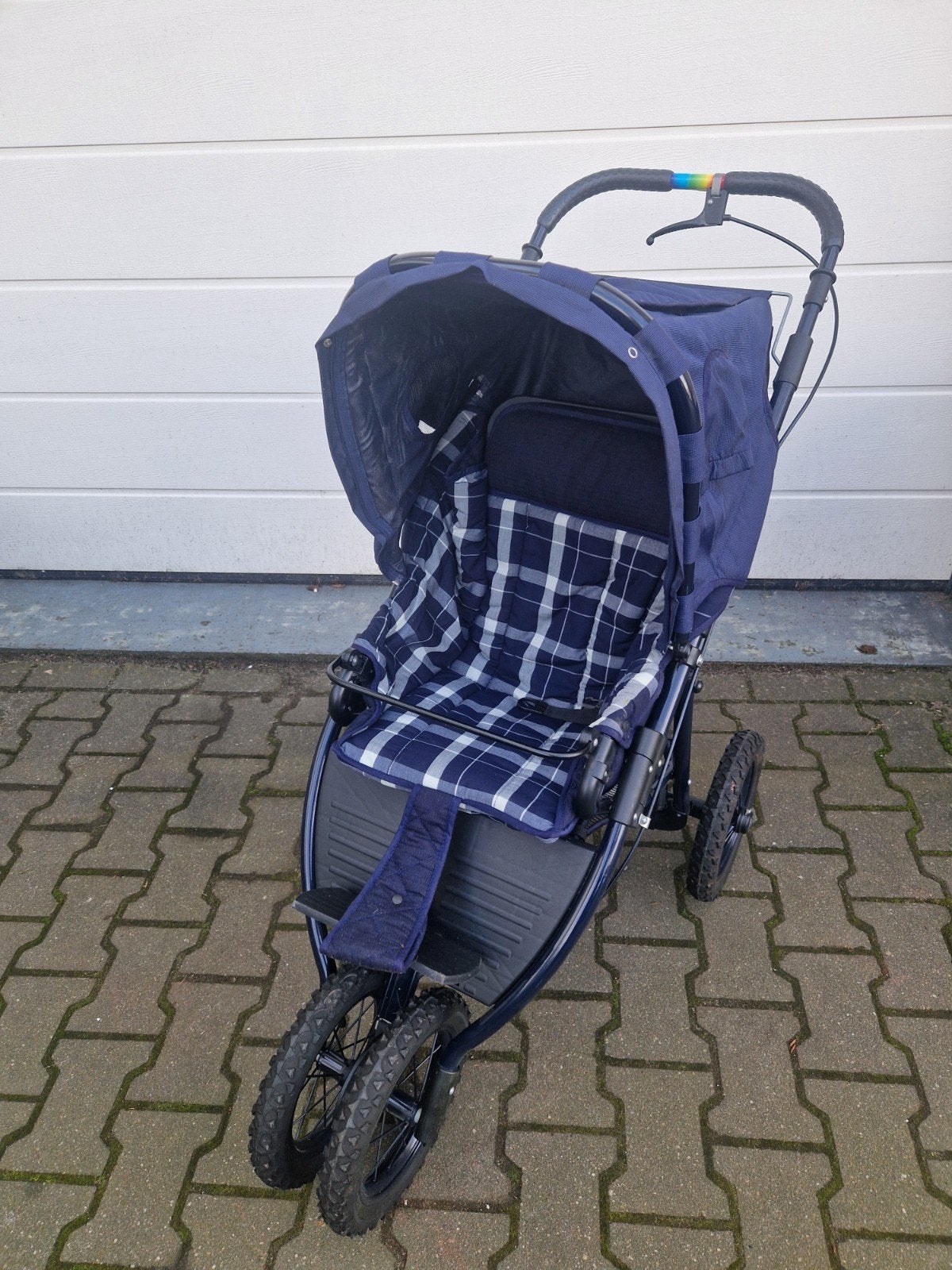 Teutonia Design Kinderwagen - Blauw met Ruitpatroon, Gebruikt, Luchtbanden, Ophalen, Kinderwagen