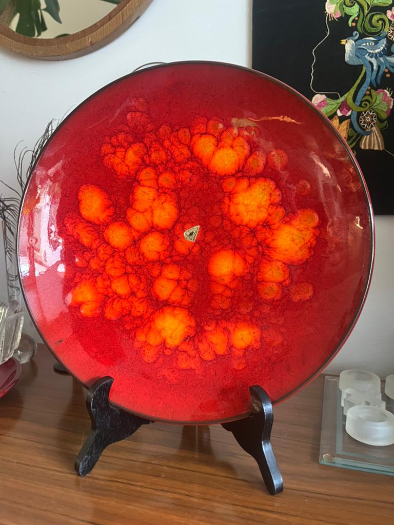 Vintage potterie de groenekan oranje rode sier schaal, Ophalen of Verzenden