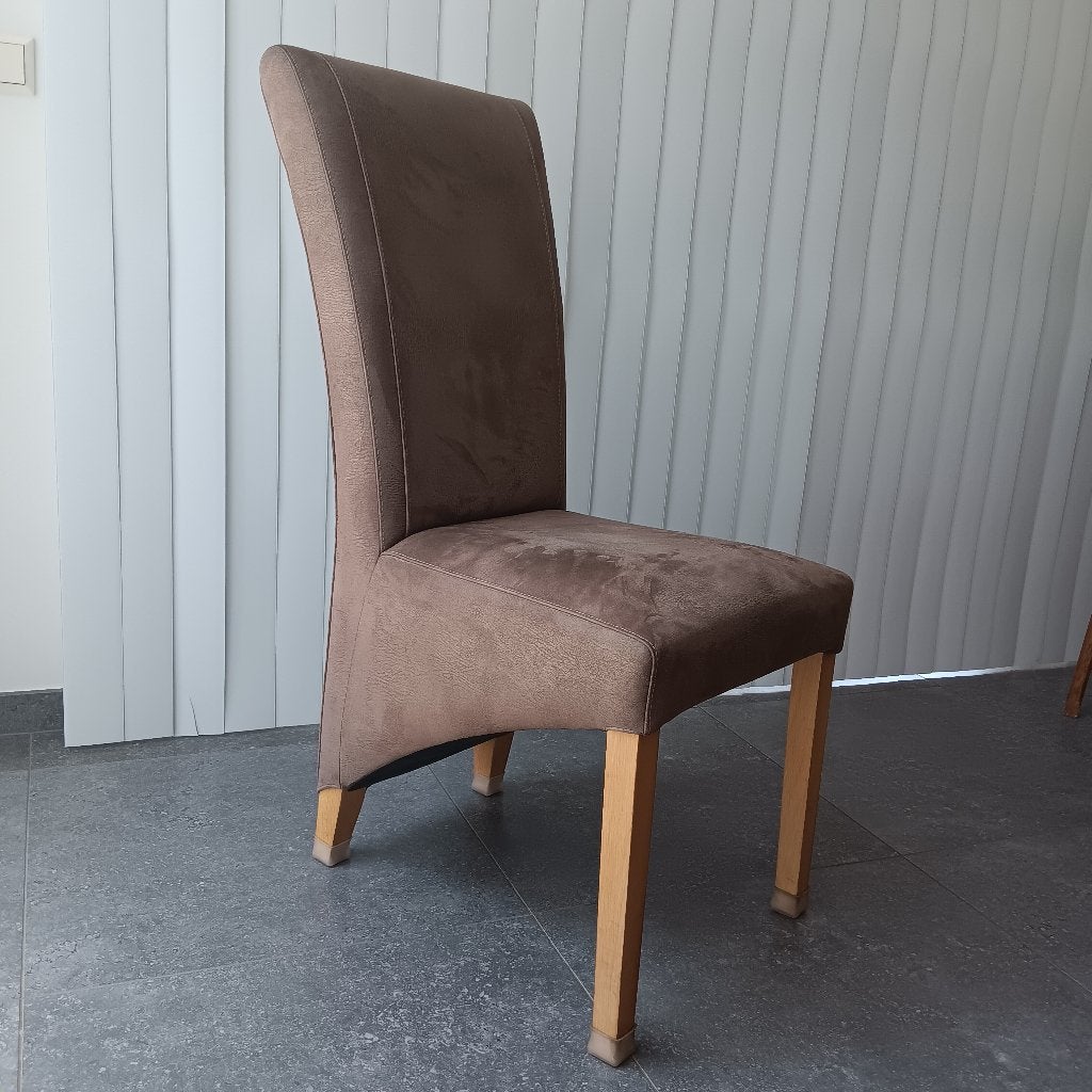 Zes eetkamerstoelen micro-lederen bekleding., Ophalen, Gebruikt, Bruin, Overige materialen