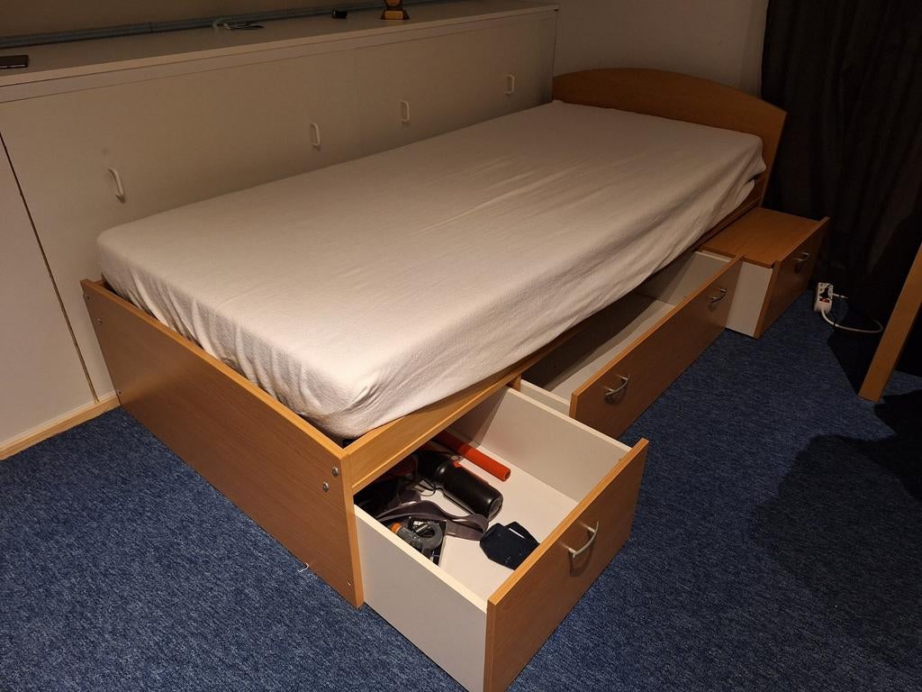 Houten 1 persoons bed met opberglades 90x200, Huis en Inrichting, Ophalen, Verstelbaar, Eenpersoons, Wit