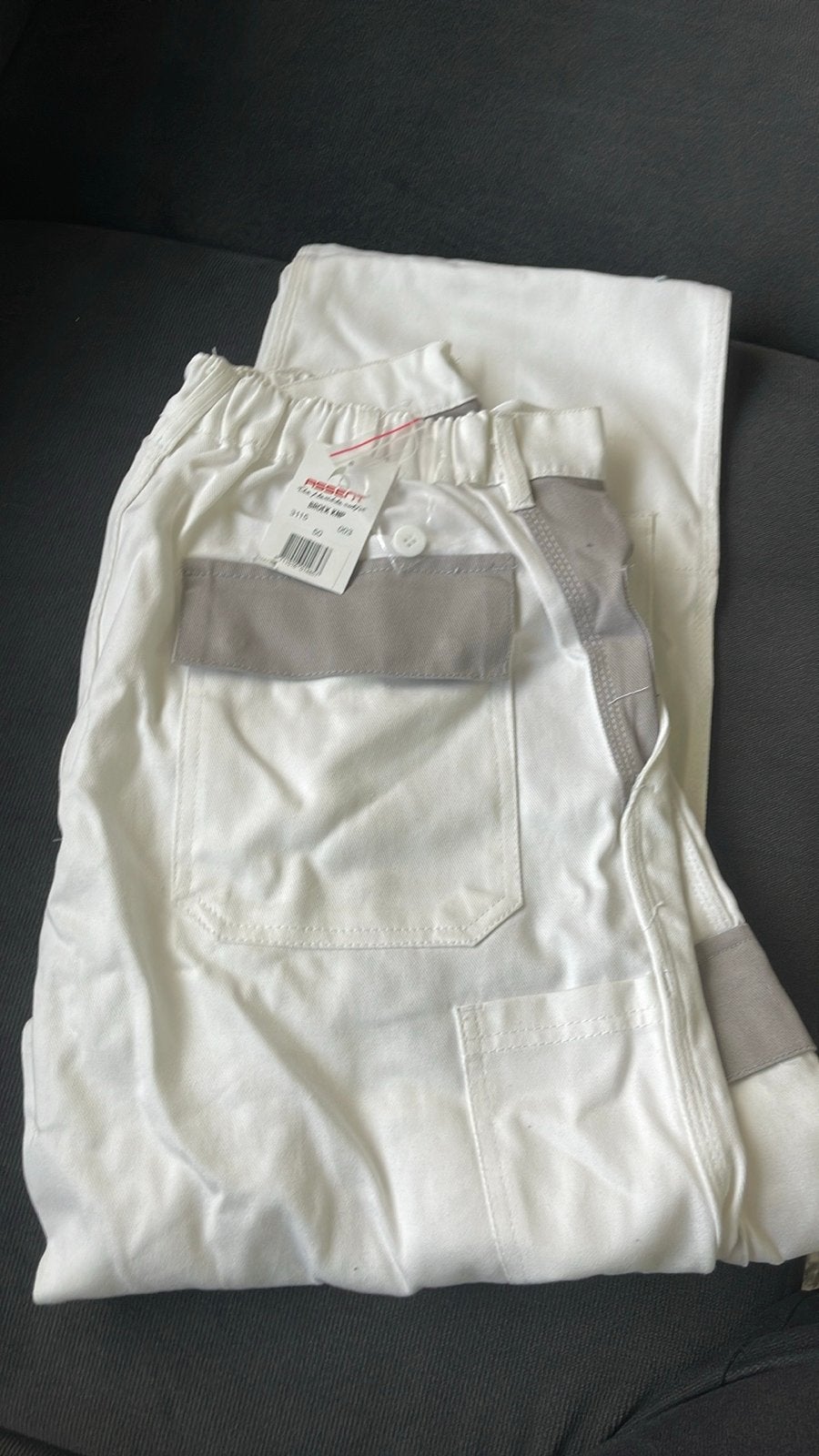 Nieuwe witte werkbroek met grijze accenten, Ophalen, Nieuw